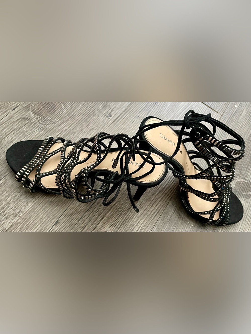 🍸 Gianni Bini Black Strappy Embellished Lace-Up Heels 🍸 - Picture 2 of 7